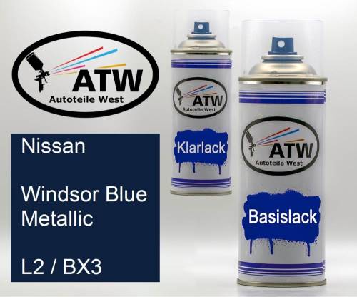 Nissan, Windsor Blue Metallic, L2 / BX3: 400ml Sprühdose + 400ml Klarlack - Set, von ATW Autoteile West.